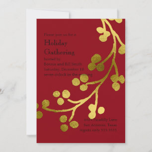 Holiday Party Gold Berry Branch on Any Colour Invitation