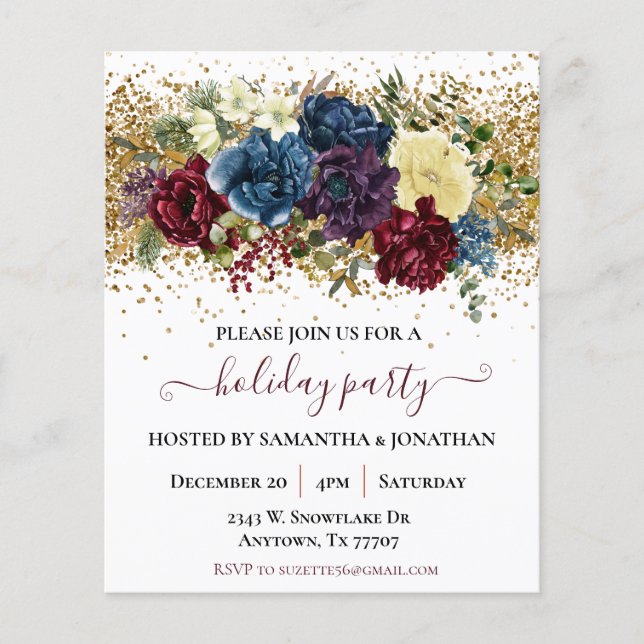 Holiday Party Gold Confetti Winter Floral Flyer (Front)