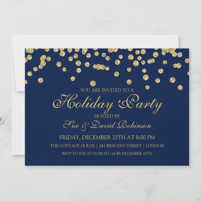 Holiday Party Gold Glitter Confetti Navy Blue Invitation (Front)