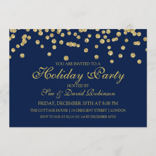 Holiday Party Gold Glitter Confetti Navy Blue Invitation