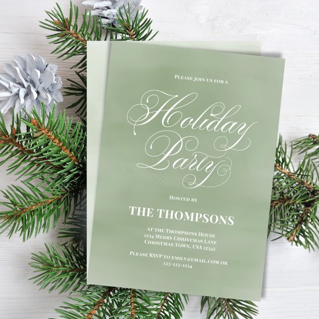 Holiday Party Green Simple Calligraphy Script Invitation (Holiday party custom invitation card with calligraphy script. )