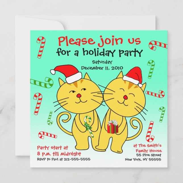 Holiday Party Invitation Candy Cane Cats (Front)