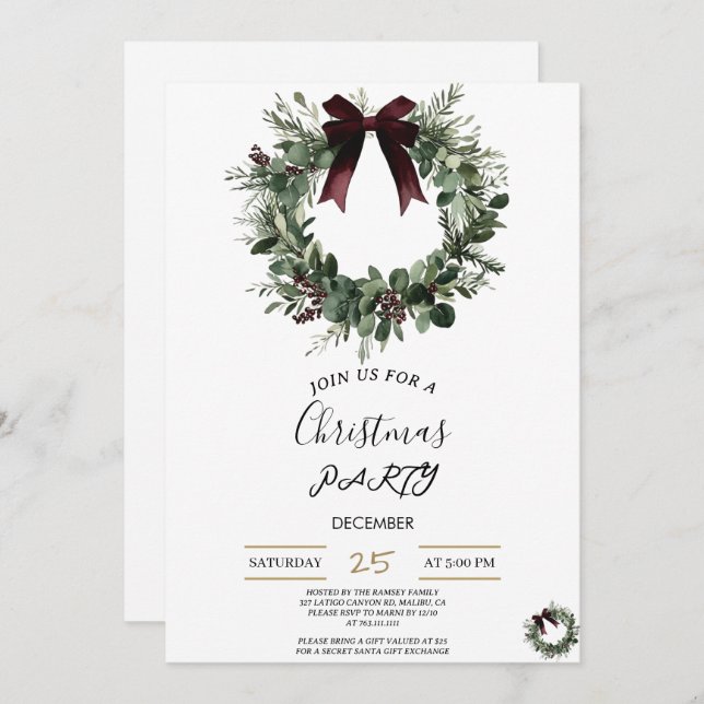Holiday Party Invitation Elegant Christmas Wreath (Front/Back)