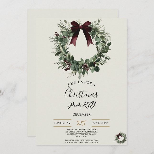 Holiday Party Invitation Elegant Christmas Wreath (Front/Back)