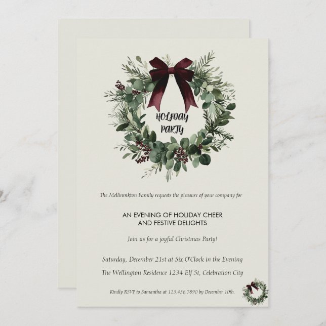 Holiday Party Invitation Elegant Christmas Wreath (Front/Back)