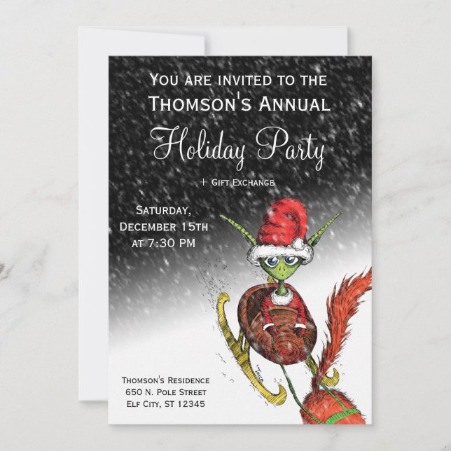 Holiday Party Invitation - Elf Riding Sleigh (Front)