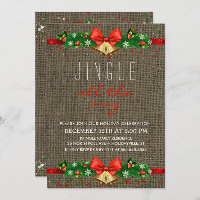 Holiday Party Jingle All the Way Rustic Burlap Invitation (Front/Back)