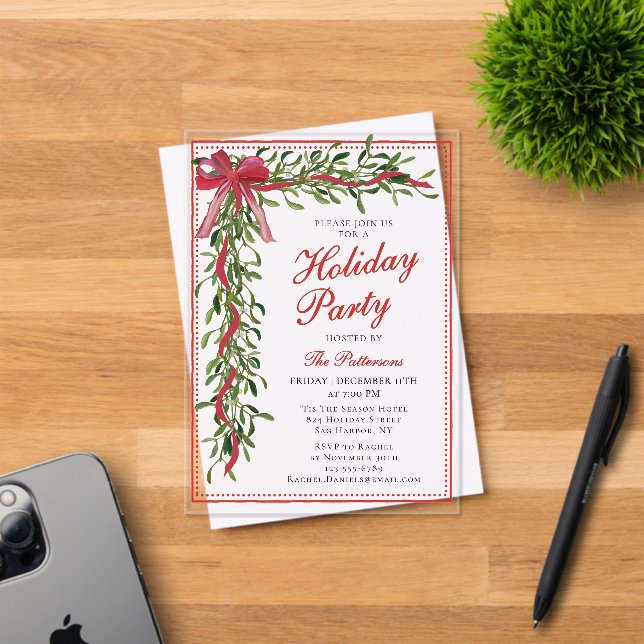 Holiday Party Mistletoe Bow Modern Christmas Party Acrylic Invitations (Insitu (Invitation Card))