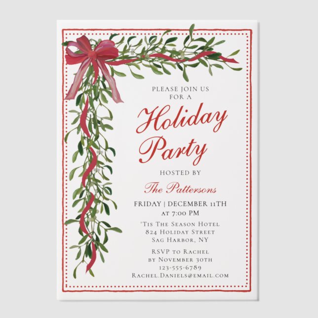 Holiday Party Mistletoe Bow Modern Christmas Party Vellum Invitations (Front)