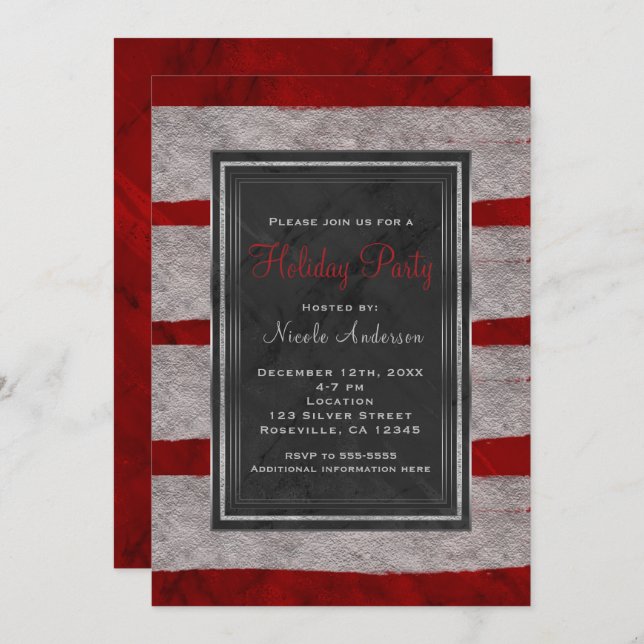 Holiday Party Modern Red Marble & Silver Christmas Invitation (Front/Back)