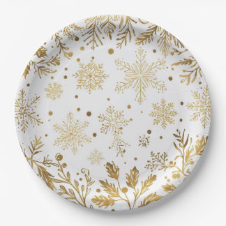 Holiday party paper plate gold and white