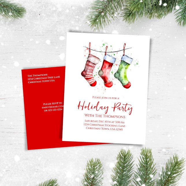 Holiday Party Red and Green Stockings (Whimsical Holiday party invitation postcard. )