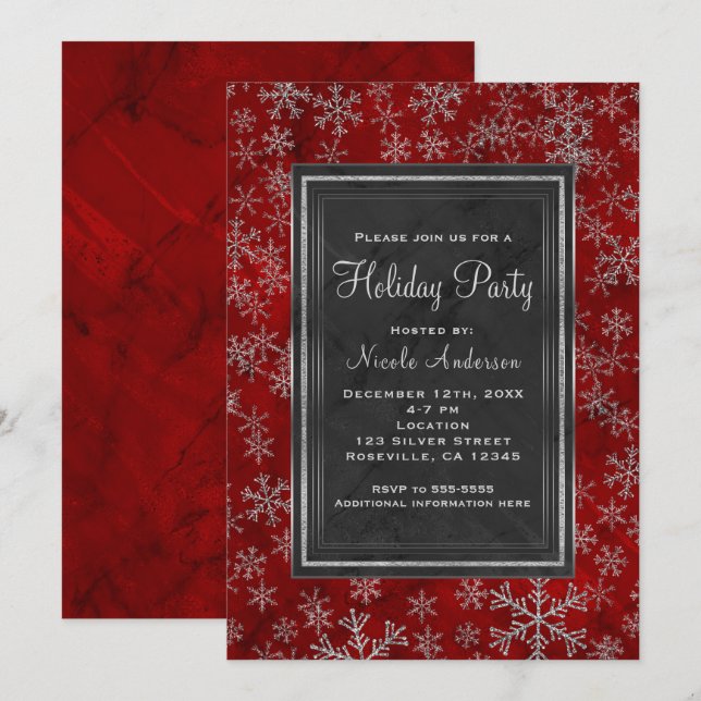 Holiday Party Red Marble Silver Snowflakes Elegant Invitation (Front/Back)