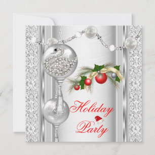 Holiday Party Red Silver White Christmas 4 Invitation