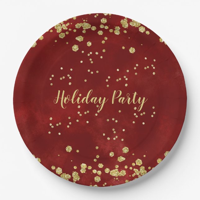 Holiday Party, Red, White, Gold,  Paper Plate (Front)
