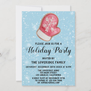 Holiday Party Red & White Mitten Cookie Blue Snow Invitation