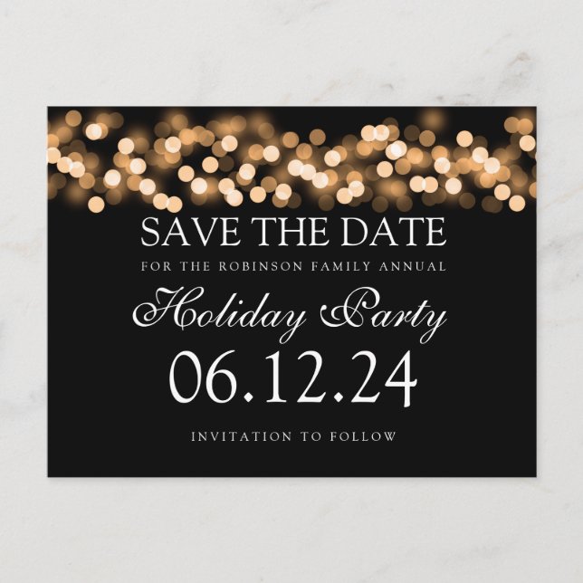 Holiday Party Save The Date Gold Bokeh Lights Announcement Postcard (Front)