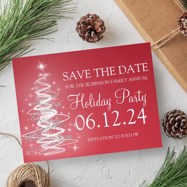 Holiday Party Save The Date Sparkling Tree Red Announcement Postcard (Holiday Party Save The Date Sparkling Tree Red Announcement Postcard)