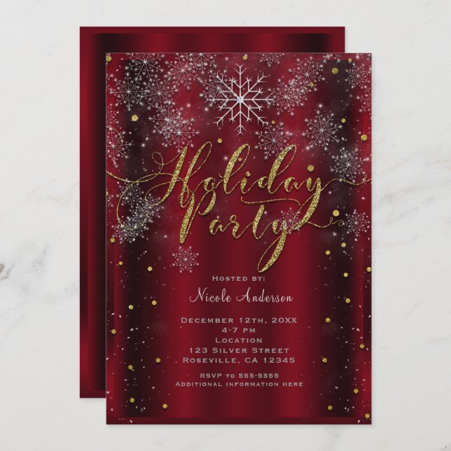 Holiday Party Snowflake Elegant Red Gold Modern Invitation (Front/Back)