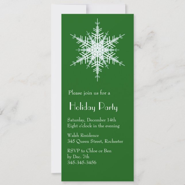 Holiday Party Snowy Green Snowflake Invitation (Front)
