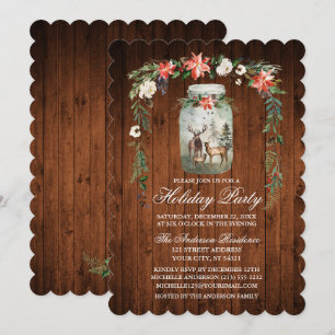 Holiday Party Watercolor Floral Wood Mason Jar Invitation