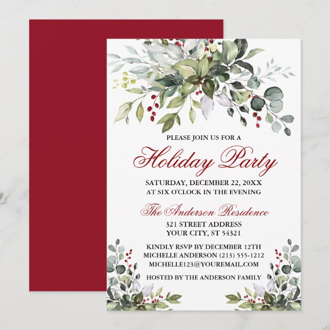 Holiday Party Watercolor Greenery Red Berries Invitation (Front/Back)