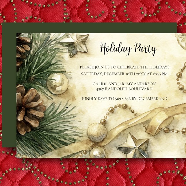 Holiday Party Watercolor Invitation Pine Cone Gold (Creator Uploaded)