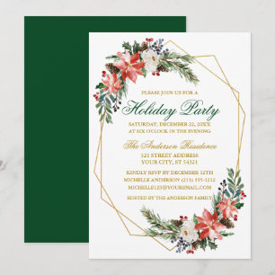 Holiday Party Watercolor Poinsettia Gold Green Invitation