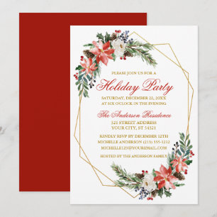 Holiday Party Watercolor Poinsettia Gold Red Invitation