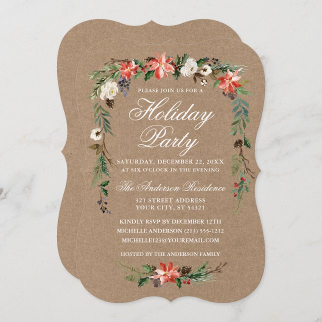 Holiday Party Watercolor Poinsettia Kraft Invitation (Front/Back)