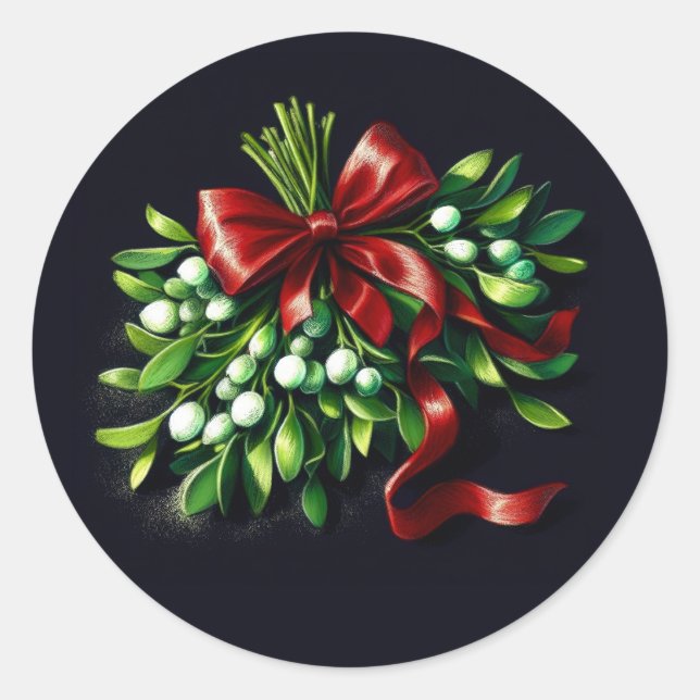 Holiday Pastel Drawing Mistletoe Ribbon Classic Round Sticker (Front)