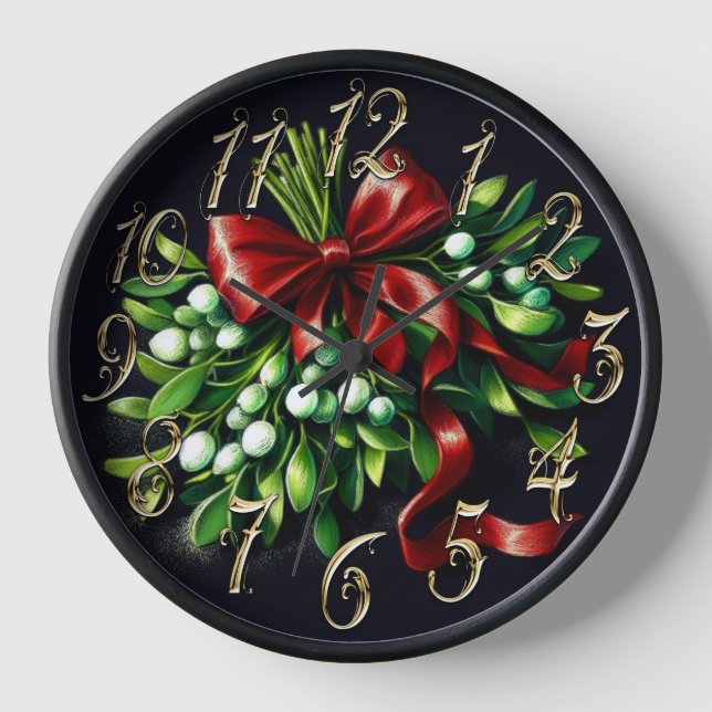 Holiday Pastel Drawing Mistletoe Ribbon Clock (Front)