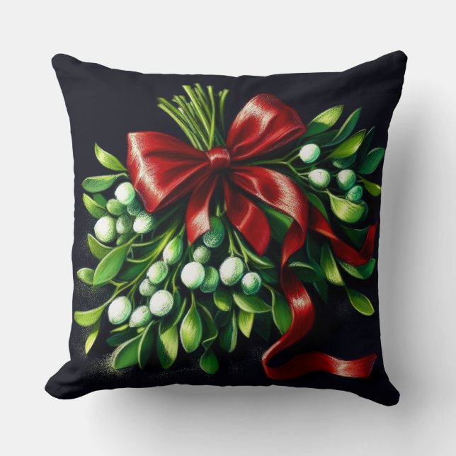 Holiday Pastel Drawing Mistletoe Ribbon Cushion (Front)