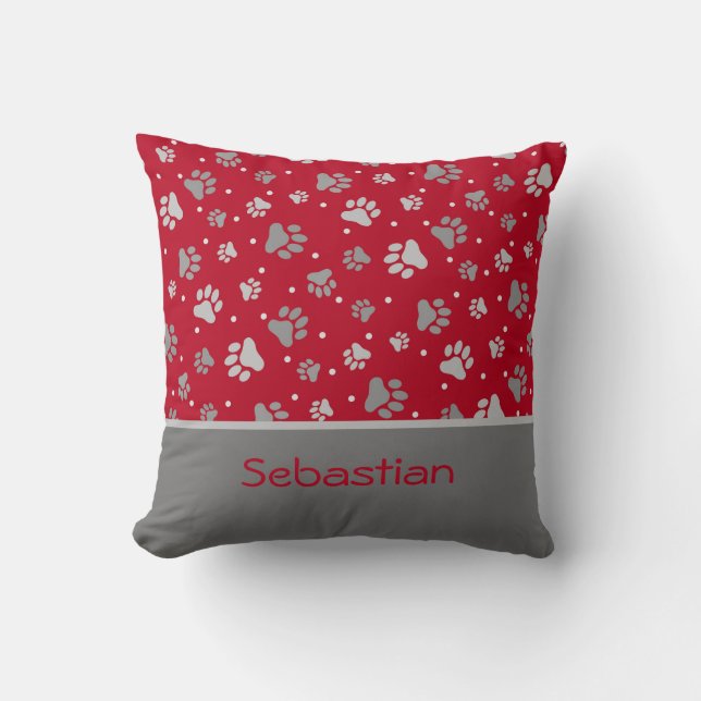 Holiday Paw Prints Red, Gray & Silver Personalized Cushion (Front)