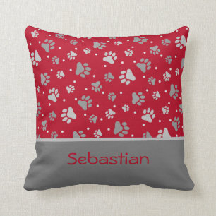 Holiday Paw Prints Red, Gray & Silver Personalized Cushion