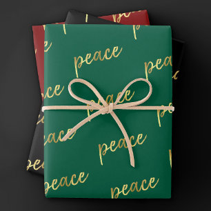 Holiday Peace   Faux Gold Foil Calligraphy Black Wrapping Paper Sheet