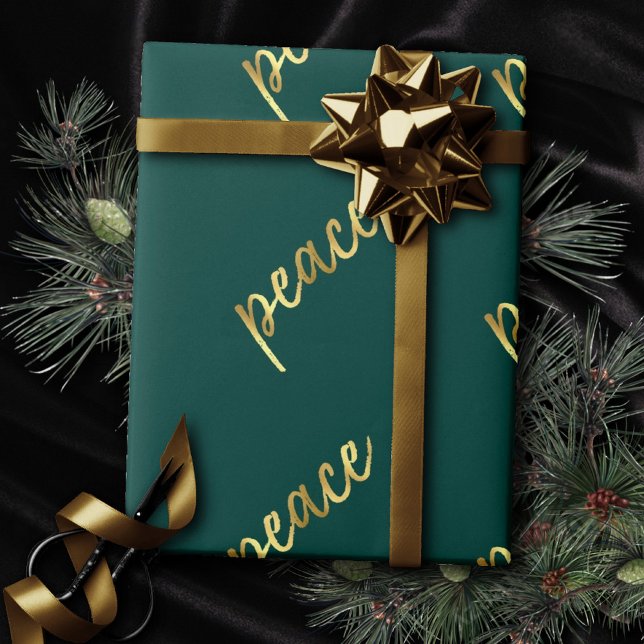Holiday Peace | Faux Gold Foil Calligraphy Green Wrapping Paper (Creator Uploaded)