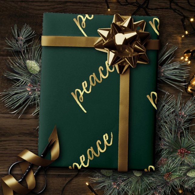 Holiday Peace | Faux Gold Foil Calligraphy Green Wrapping Paper (Creator Uploaded)