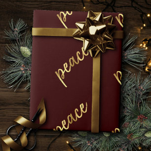 Holiday Peace   Faux Gold Foil Calligraphy Red Wrapping Paper