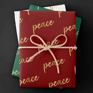 Holiday Peace   Faux Gold Foil Calligraphy White Wrapping Paper Sheet