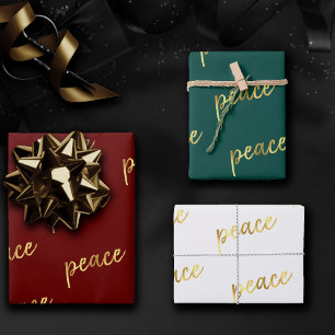 Holiday Peace Faux Gold Foil Calligraphy White Wrapping Paper Sheet