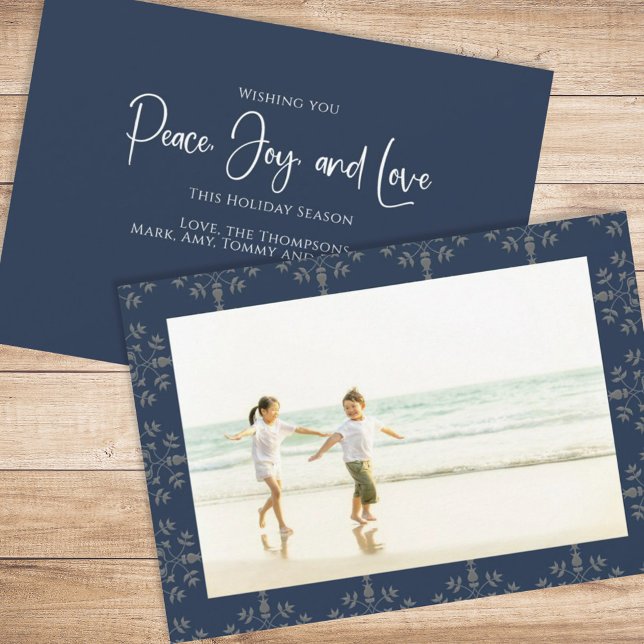 Holiday Peace Joy Love Elegant Snowflakes 1 Photo Card (Christmas holiday simple peace, joy, and love navy blue photo card. )