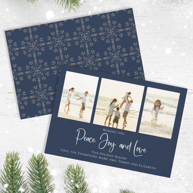 Holiday Peace Joy Love Elegant Snowflakes 3 Photo (Christmas holiday simple peace, joy, and love navy blue multi photo card. )