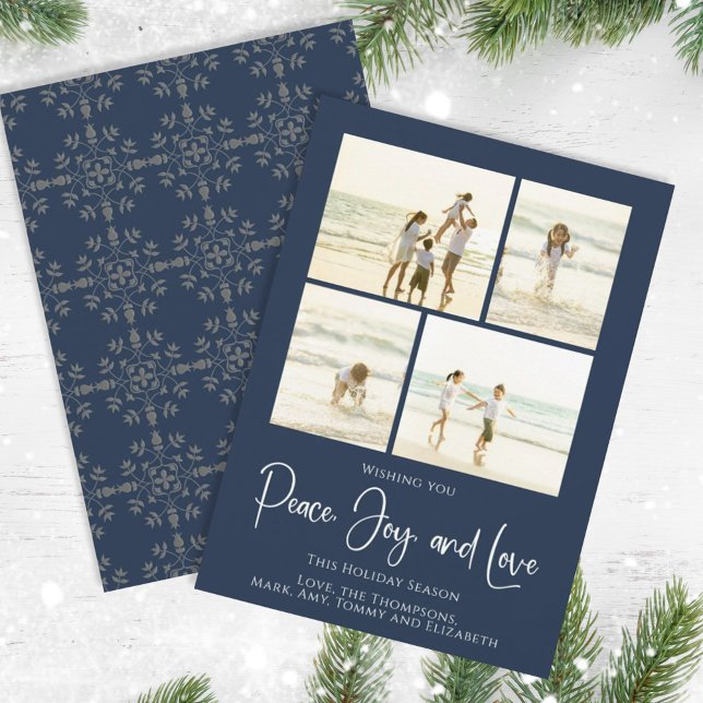 Holiday Peace Joy Love Elegant Snowflakes 4 Photo (Christmas holiday simple peace, joy, and love navy blue photo card. )
