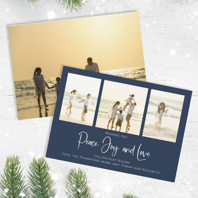 Holiday Peace Joy Love Elegant Snowflakes 4 Photo (Christmas holiday simple peace, joy, and love navy blue photo card. )