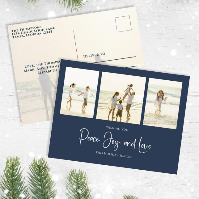Holiday Peace Joy Love Elegant Snowflakes 4 Photo (Christmas holiday simple photo postcard template with an elegant navy blue design. )