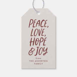 Holiday peace love hope joy red type Christmas Gift Tags