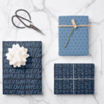 Holiday peace love hope joy type blue Christmas Wrapping Paper Sheet<br><div class="desc">A perfect message for the holiday season - peace, love, hope and joy. This simple but stylish set of holiday wrapping paper features words in a light blue handwritten font on a navy blue background. A coordinating sheet is light blue with matching navy dots and the third sheet has a...</div>