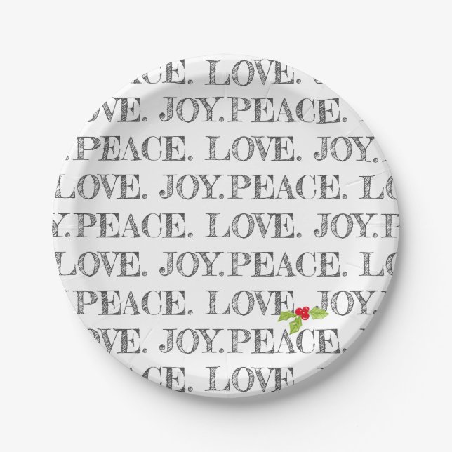 Holiday Peace Love Joy Christmas Holly Artisan Paper Plate (Front)
