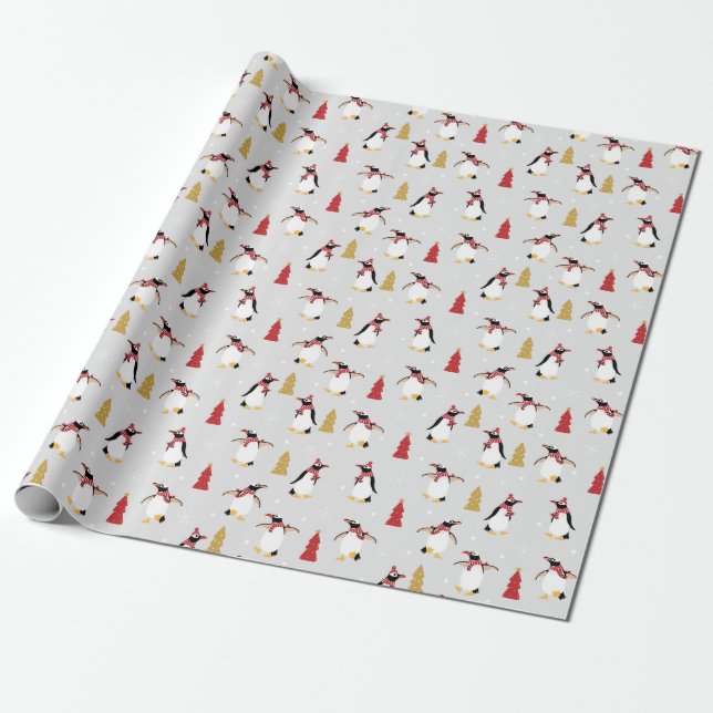 Holiday Penguin Pattern Wrapping Paper (Unrolled)